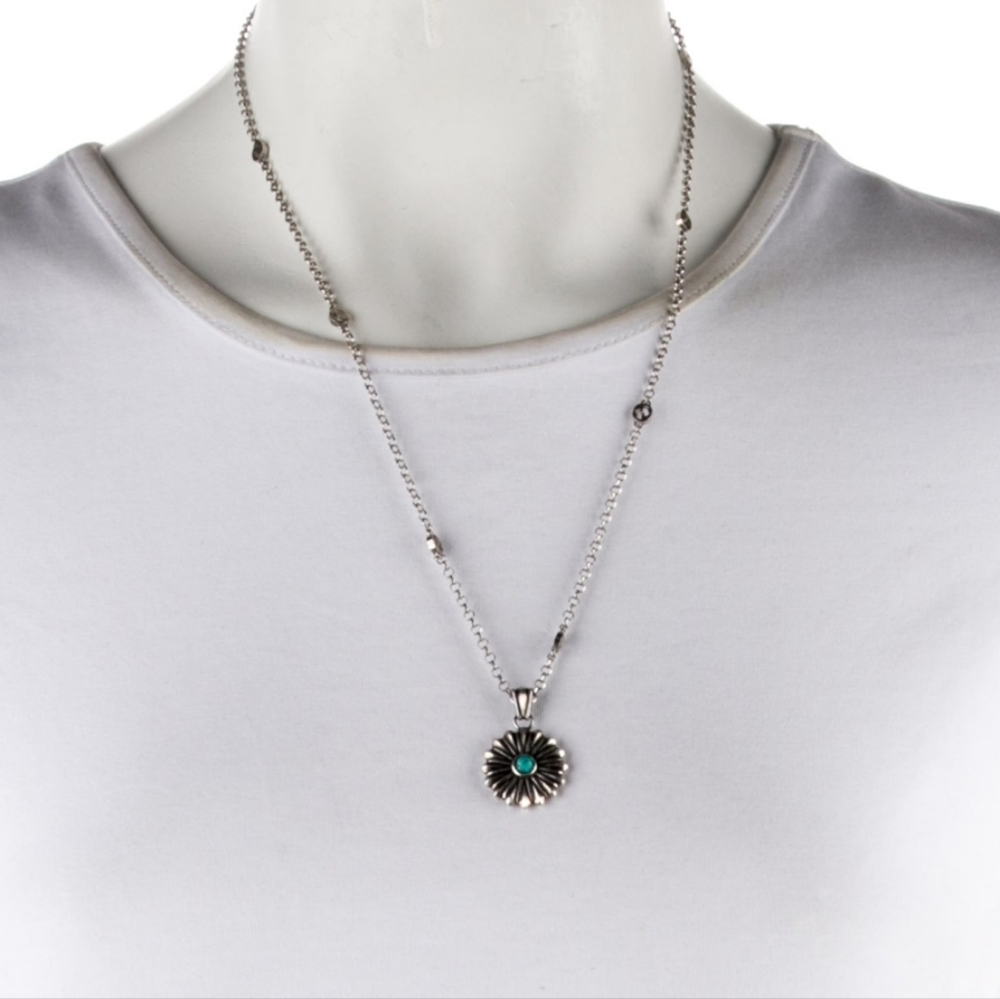 GUCCI 925 Silver Interlocking GG Necklace Flower/Sunburst Pendant With Turquoise